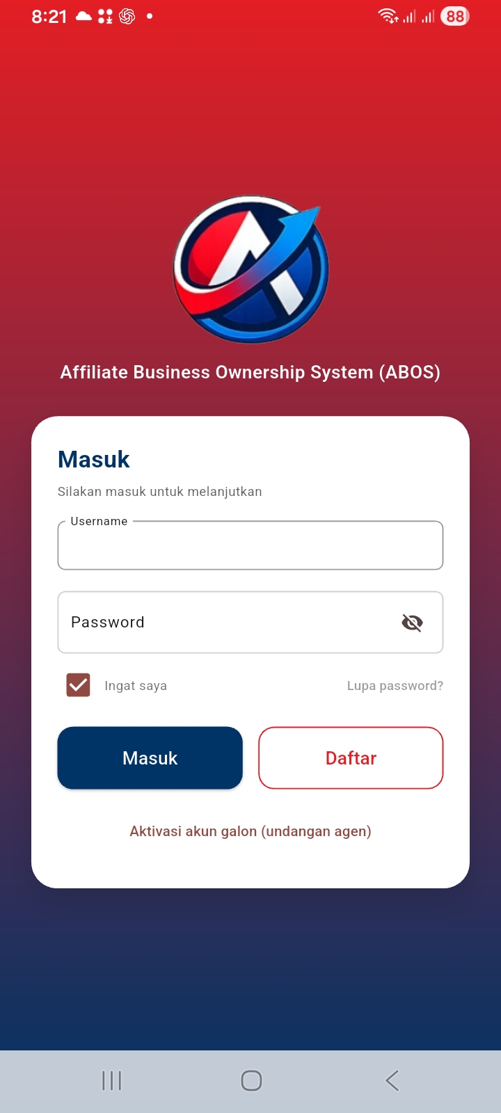 Layar login aplikasi ABOS